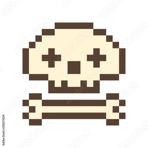 Skull and bone, 16x16 pixel art icon isolated on white background. Retro 80s-90s old school 8 bit slot machine/video game graphics. Pirate emblem. Skeleton sign. Archeology logo. Halloween character.