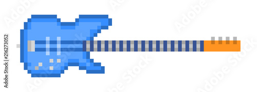 Blue wooden four string bass guitar, pixel art icon isolated on white background. Music store logo. Rock show emblem. Old school 8 bit slot machine pictogram. Retro 80s; 90s video game graphics.