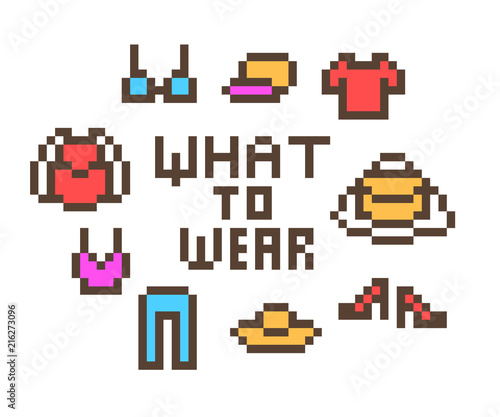What to wear, pixel art illustration for street fashion blog/site. Choosing an outfit concept. Clothing store banner. Women's magazine article headline. Style guide to creating trendy wardrobe.