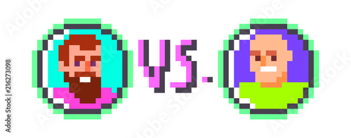Pixel art beatbox/rap/hip-hop battle poster design. Player choosing in vintage 8 bit fighting video game. Two male characters against each other. Street/underground/urban music culutre banner.