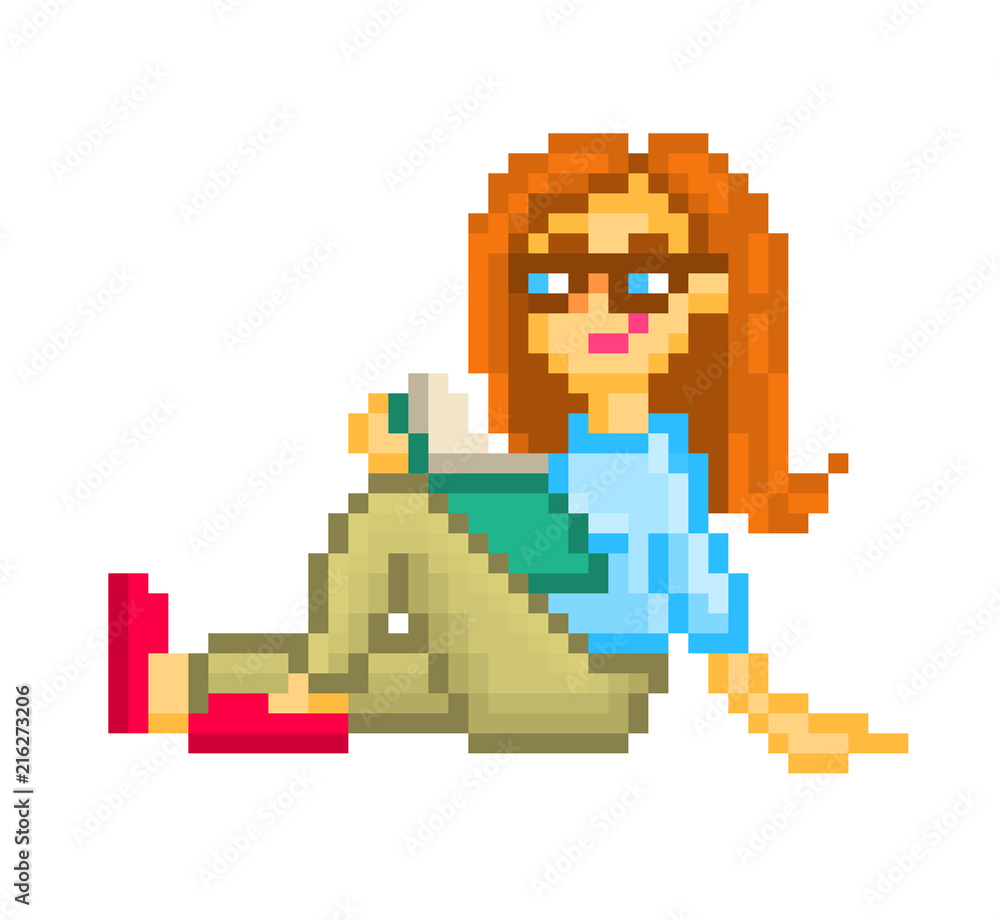 Girl sitting on the floor in comfortable pose studying, pixel art