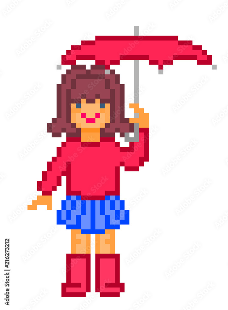 Girl with an umbrella, cartoon pixel art character isolated on white  background. Retro 80s; 90s slot machine/video game graphics. Happy woman  standing in the rain, vintage 8 bit illustration. Stock Vector |