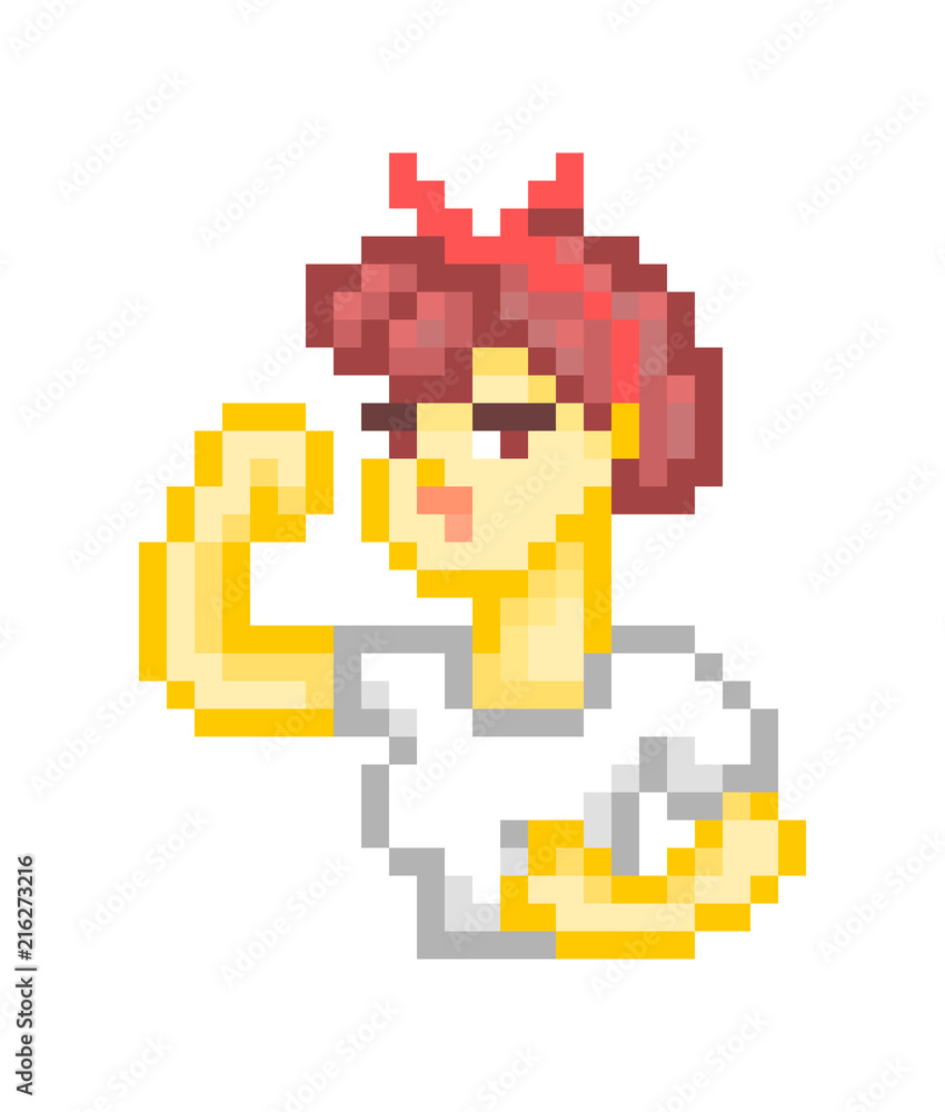 We can do it, motivating feminist poster. Girl doing bicep curl, pixel art character isolated on white background.