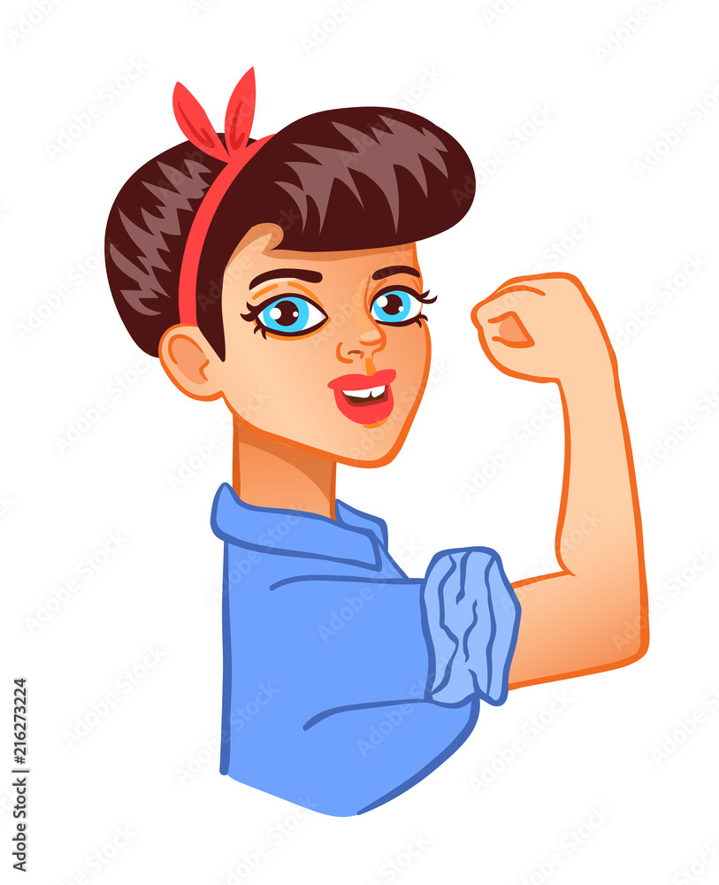 We can do it, motivating feminist poster. Girl doing bicep curl