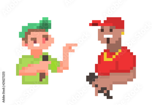 Pixel art stand-up comedy/beatbox/rap/hip-hop/mc battle poster design. Two male characters arguing in microphone. Street/underground/urban music culutre banner.Tough guys on stage insulting each other