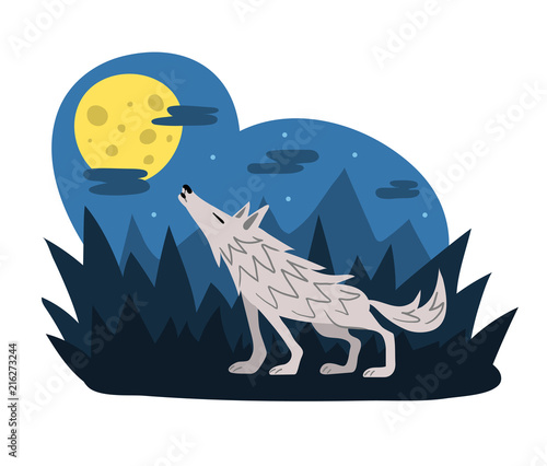 Wolf howling at the moon in the woods at night, flat style vector illustration. Midnight werewolf shapeshifting in the forest. Cute cartoon animal character. Halloween scene.