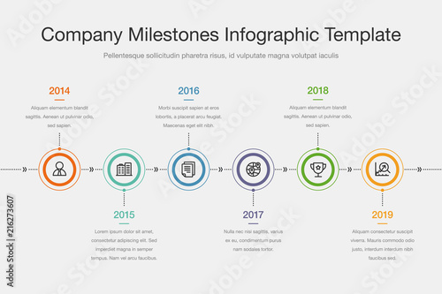 Vector infographic for company milestones timeline template with colorful circles and icons, isolated on light background. Easy to use for your website or presentation.