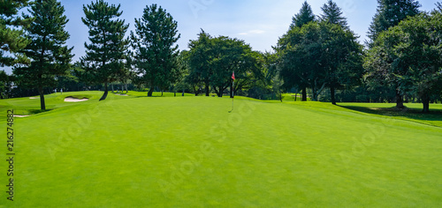 Panorama View of Golf Course where the turf is beautiful and putting green in Chiba Prefecture, Japan. Golf course with a rich green turf beautiful scenery.