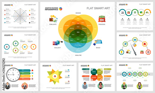 Colorful consulting or planning concept infographic charts set. Business design elements for presentation slide templates. Can be used for financial report, workflow layout and brochure design.