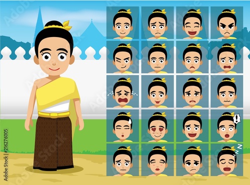 Thai Traditional Girl Cartoon Emotion faces Vector Illustration