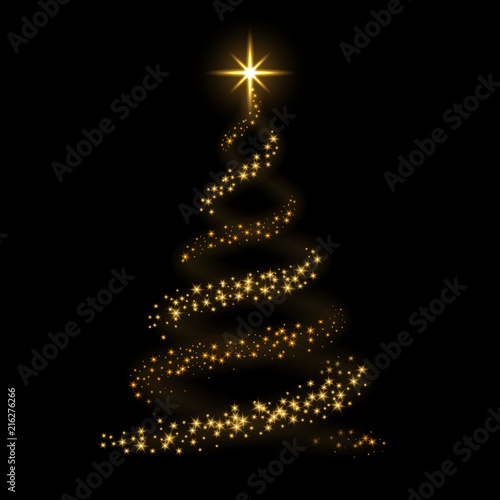 Christmas tree card background. Gold Christmas tree as symbol of Happy New Year, Merry Christmas holiday celebration. Golden light decoration. Bright shiny design. Vector illustration