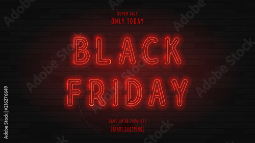 Dark web banner for black Friday sale. Modern neon red billboard on brick wall. Concept of advertising for seasonal offer with glowing neon text.