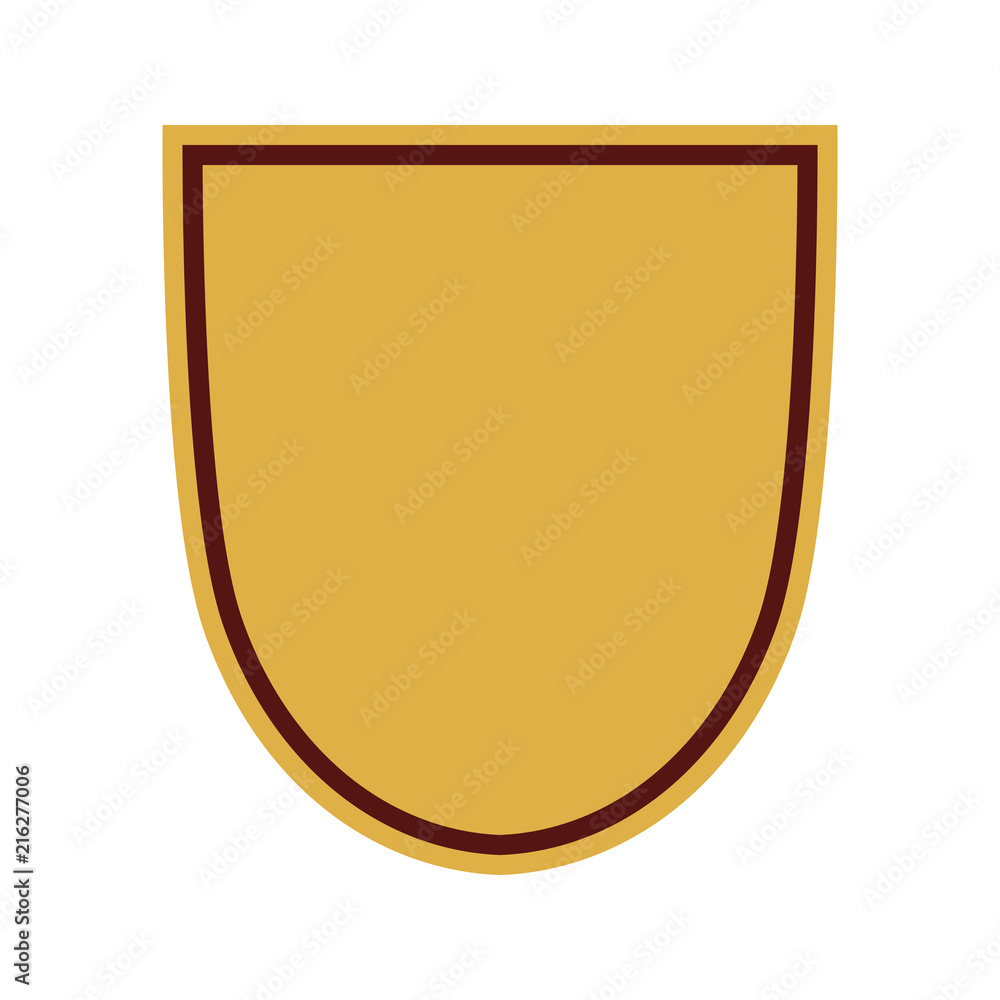 Shield shape gold icon. Simple flat logo on white background. Symbol of security, protection, safety, strong. Element badge for secure protect design emblem decoration Vector illustration Shield shape gold icon. Simple flat logo on white background. Symbol of security, protection, safety, strong. Element badge for secure protect design emblem decoration Vector illustration
