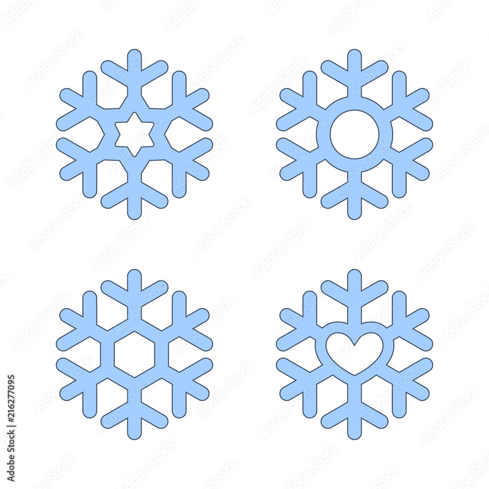 Snowflakes signs set. Blue Snowflake icons isolated on white background. Snow flake silhouettes. Symbol of snow, holiday, cold weather, frost. Winter design element. Vector illustration Snowflakes signs set. Blue Snowflake icons isolated on white background. Snow flake silhouettes. Symbol of snow, holiday, cold weather, frost. Winter design element. Vector illustration