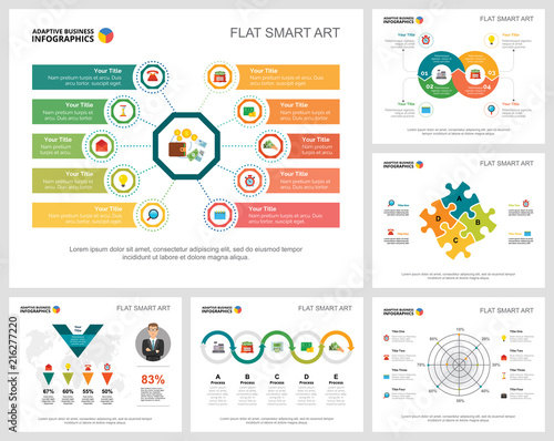 Colorful analytics or consulting concept infographic charts set. Business design elements for presentation slide templates. Can be used for financial report, workflow layout and brochure design.