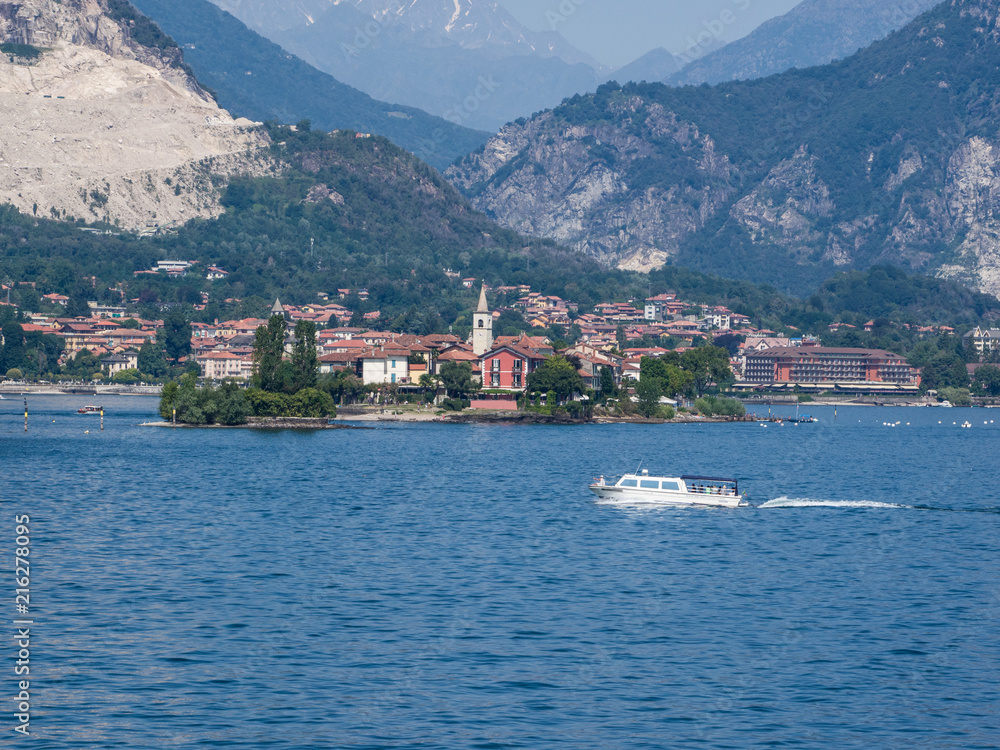 islands in the middle of Lake Maggiore surrounded by mountains with marble quarries