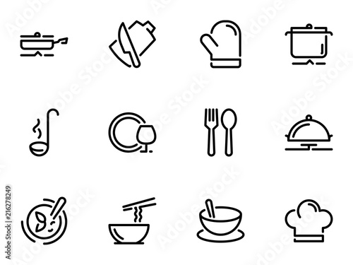 Set of black vector icons, isolated on white background, on theme Kitchenware. Cooking and serving of dishes