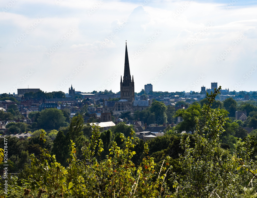 Fototapeta premium Panoramic daytime view over Norwich City and Cathedral from St James Hill, Mousehold Heath, Norwich