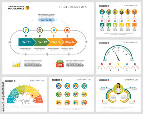 Colorful promotion or training concept infographic charts set. Business design elements for presentation slide templates. For corporate report, advertising, leaflet layout and poster design.