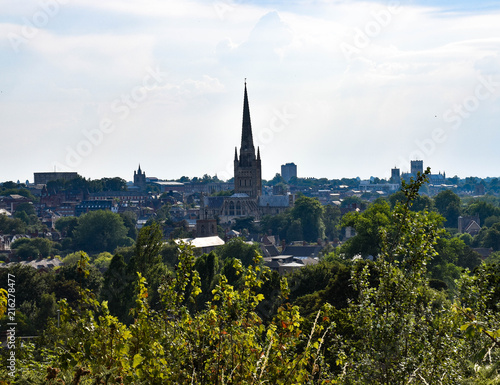 Panoramic daytime view over Norwich City and Cathedral from St James Hill, Mousehold Heath, Norwich