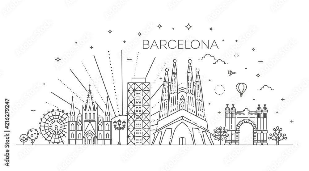 Banner of Barcelona city skyline in flat line trendy style. Barcelona city line art
