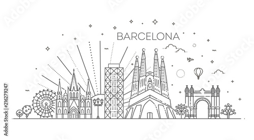 Fototapeta Naklejka Na Ścianę i Meble -  Banner of Barcelona city skyline in flat line trendy style. Barcelona city line art