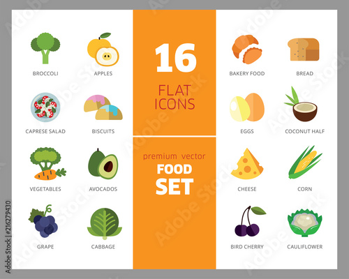 Food icon set. Broccoli, fruit, doughnut, cheese, cappuccino. Eating concept. Can be used for topics like cafe, menu, food store