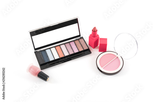 Beauty concept : Eye shadow palette , lipstick , compact blush and nail polish isolated on white background , cosmetic products for makeup