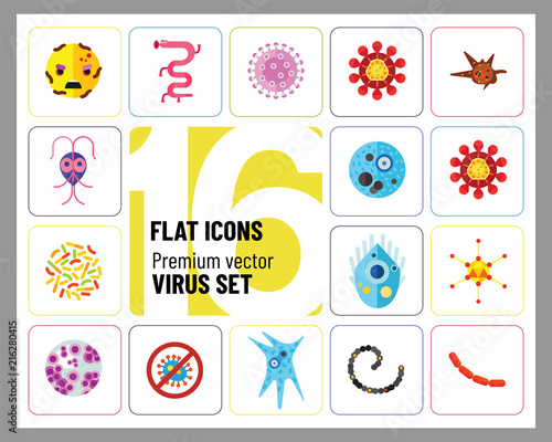 Virus icons set. Thirteen vector icons of influenza virus, coronavirus, adenovirus and other bacteria
