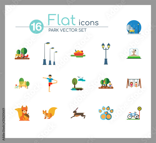 Park Icon Set. Winter Cycling In Park Sandbox Fountain Bicycle Parking Lamps Walking In Park Girls On Swing Bench Exercising Street Lamp Landscape With Tree And Lake