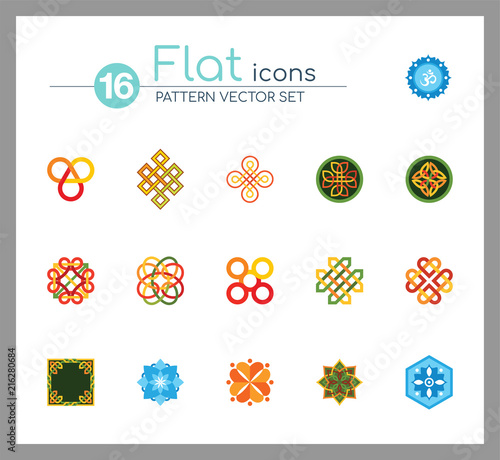Pattern Icon Set. Hexagon Infinite Traditional Knot Chinese Amulet Round Creative Square Pattern Eternal Knot Decorative Element Auspicious Symbol Endless Knot