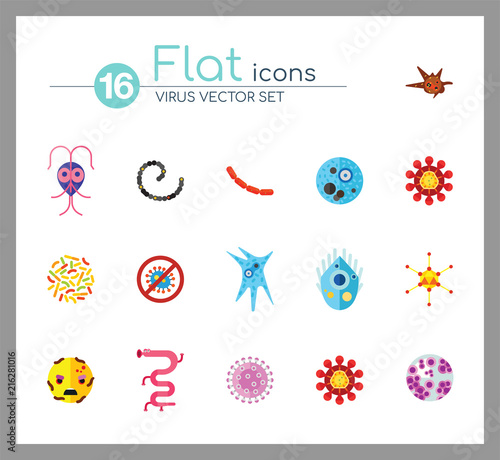 Virus icons set. Thirteen vector icons of influenza virus, coronavirus, adenovirus and other bacteria