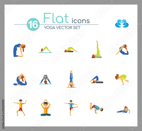 Yoga Icon Set. Meditation Rajakapotasana Sarvangasana Halasana Ustrasana Astavakasana Bakasana Handstand Virabhadrasana Svanasana Prasarita