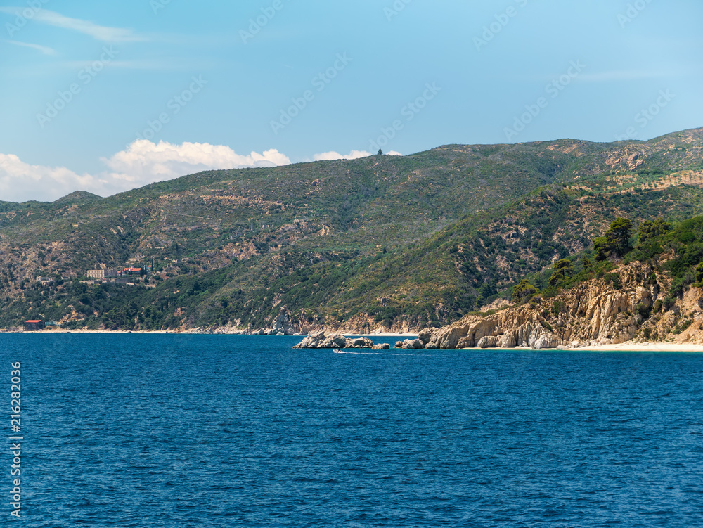 View of mountains from Aegean Sea. Greece, Athos
