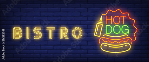 Bistro, hot dog neon style banner. Text, hot dog and mustard tube on brick background. Night bright advertisement. Can be used for signs, posters, billboards