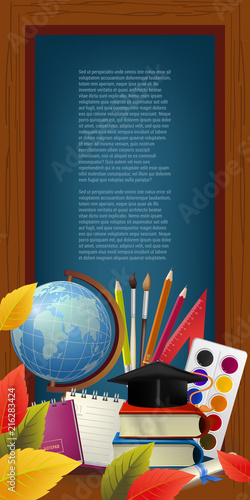 Sample text in wooden frame, globe and supplies. Offer or sale advertising design. Typed text, calligraphy. For leaflets, brochures, invitations, posters or banners.