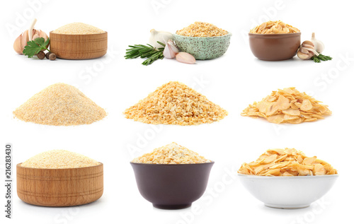 Set with dried aromatic garlic on white background