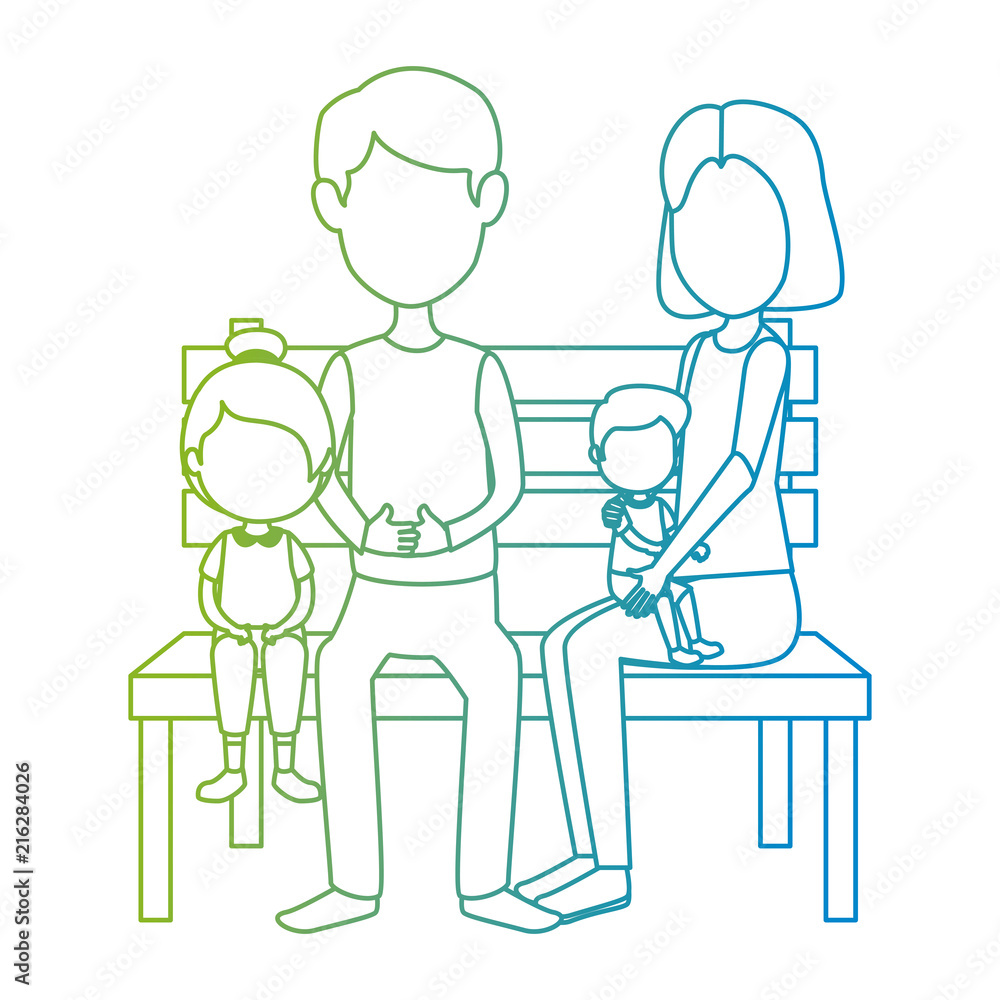 parents couple with kids in the park chair characters