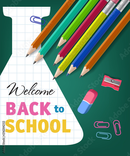 Welcome back to school lettering with pencils and retort silhouette. Offer or sale advertising design. Handwritten and typed text, calligraphy. For leaflets, brochures, invitations, posters or banners