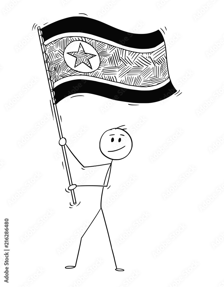 Cartoon drawing conceptual illustration of man waving the flag of  Democratic People's Republic of Korea or North Korea. Stock Vector | Adobe  Stock