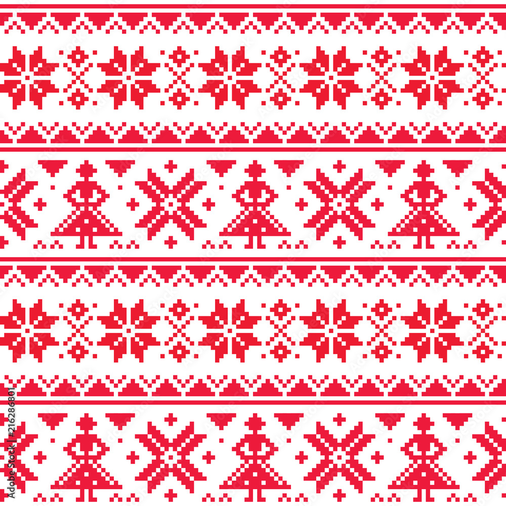 Christmas or winter vector seamless pattern, inspired by Sami Lapland folk art, traditional needlework and embroidery design Christmas or winter vector seamless pattern, inspired by Sami Lapland folk art, traditional needlework and embroidery design