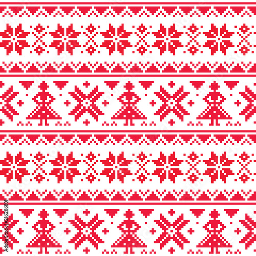 Christmas or winter vector seamless pattern, inspired by Sami Lapland folk art, traditional needlework and embroidery design 