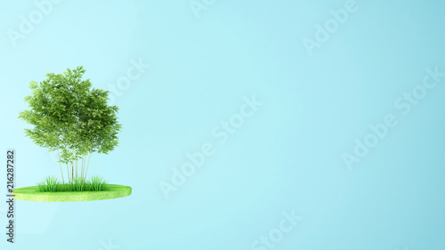 Trees in the meadow on the island. Trees on the grass and blue background. Artwork idea for park. 3D Illustration.