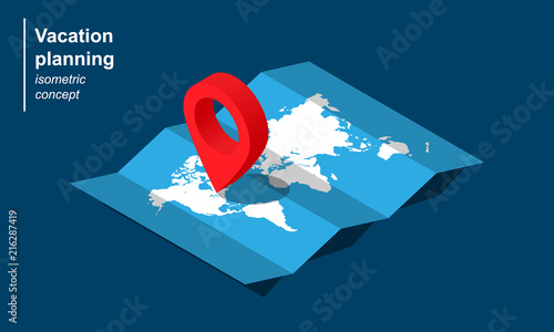 Isometric tour planning concept vector illustration. Location icon.
