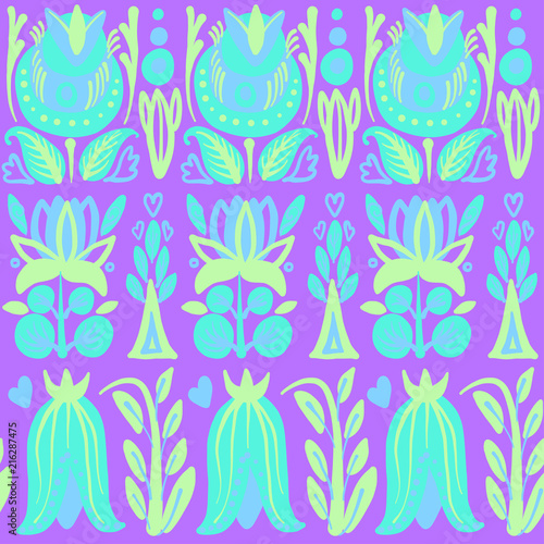Hand Drawn pattern with summer flowers and herbs vintage Hohloma floral elements. Blue Yellow on white