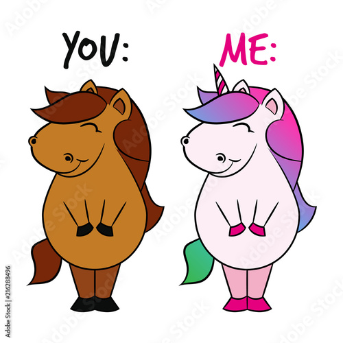 Canvastavla Cute unicorn and horse you and me emoji illustration