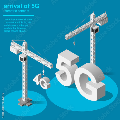 5G broadband cellular network technology installation instead of 4G. Isometric vector concept.