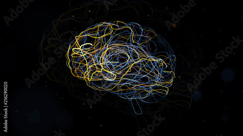 3d render of brain form with a lot of particles. Particles follow brain surface and left trails that symbolize neurons. Side view.