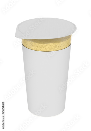 3D realistic render of Vanilla foam, foamy cream, in transparent plastic container. Empty label. Isolated on white