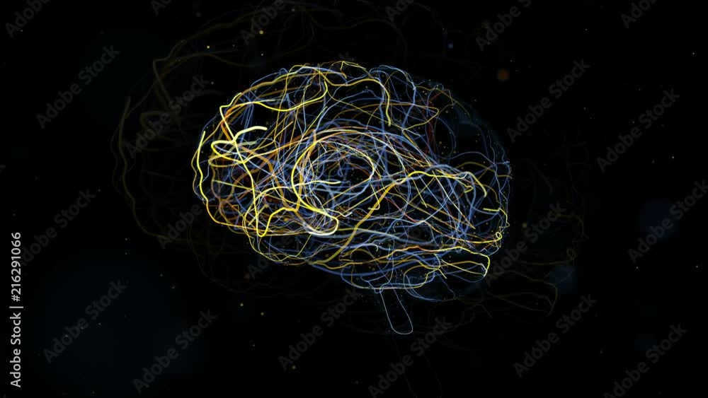 3d render of brain form with a lot of particles. Particles follow brain ...